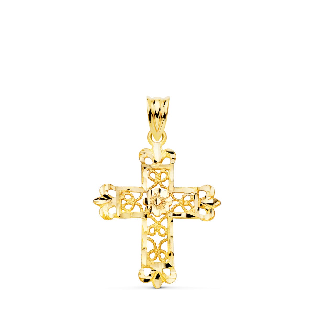 18K Yellow Gold Cross Filigree Carved Edges. 27x22 mm