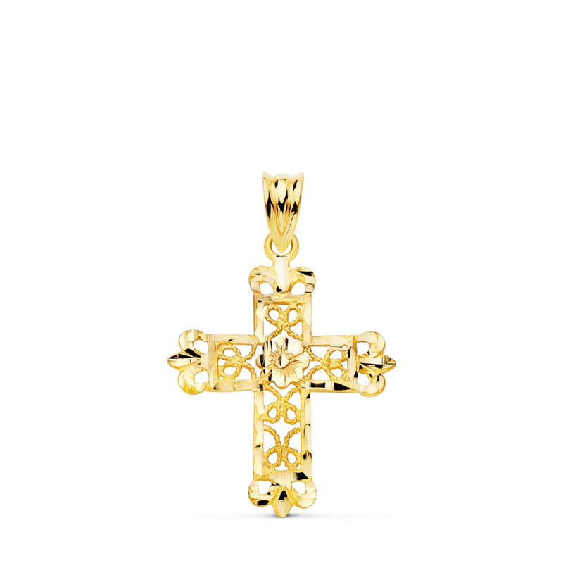 18K Yellow Gold Cross Filigree Carved Edges. 27x22mm