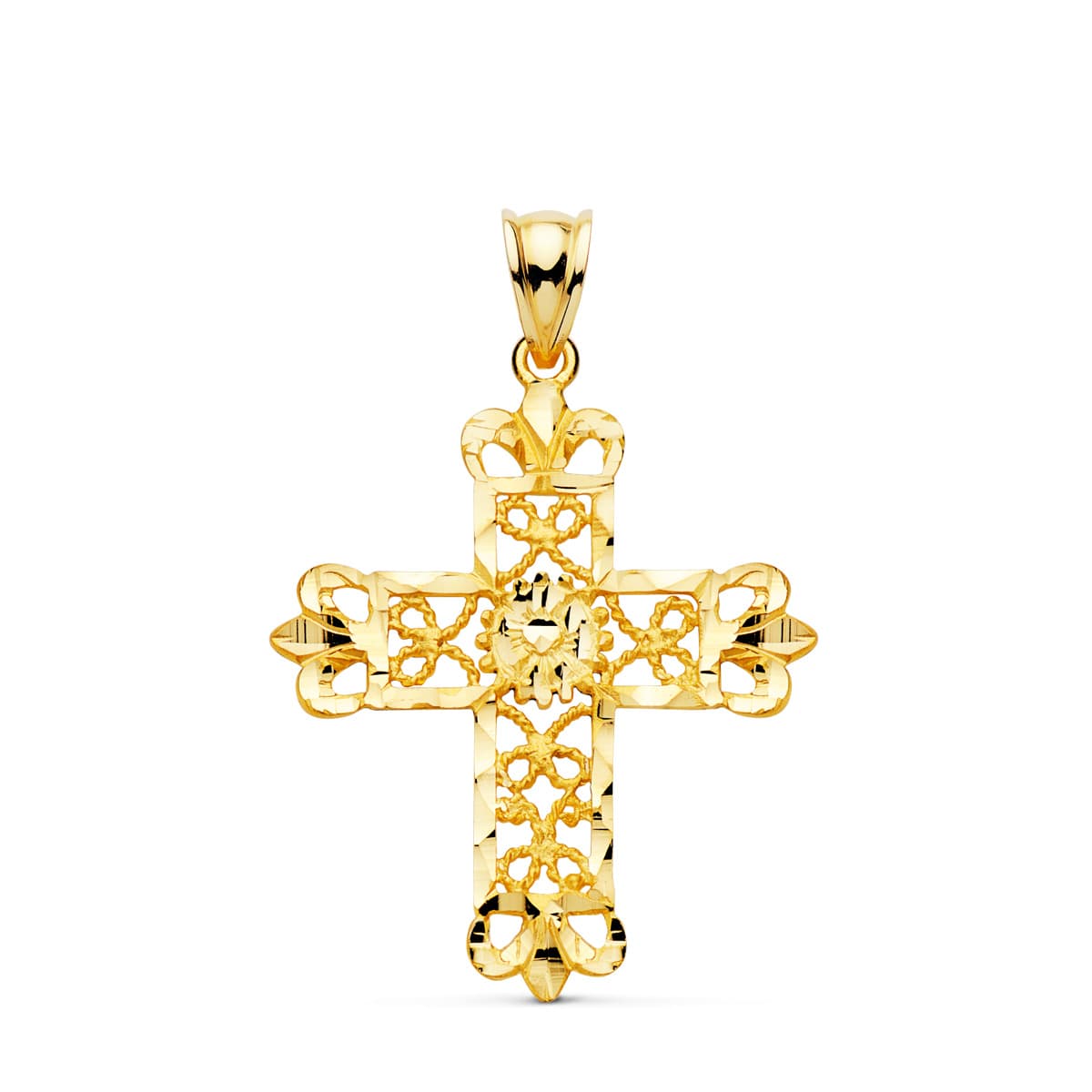 18K Yellow Gold Cross Filigree Carved Edges. 35x29 mm