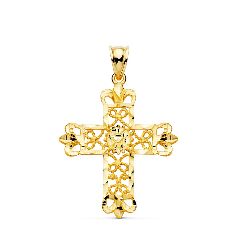 18K Yellow Gold Cross Filigree Carved Edges. 35x29 mm