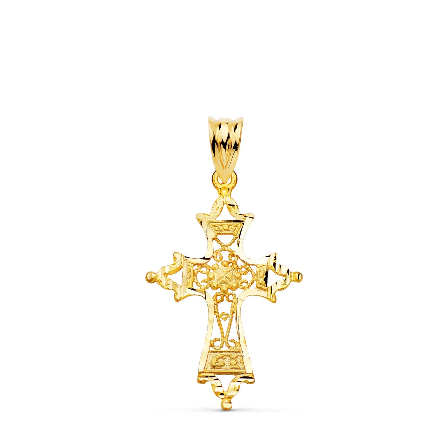 18K Yellow Gold Cross Filigree Carved Edges. 30x20 mm