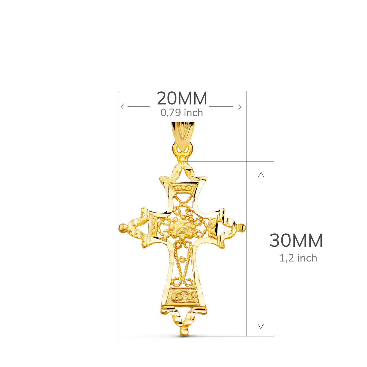 18K Yellow Gold Cross Filigree Carved Edges. 30x20 mm