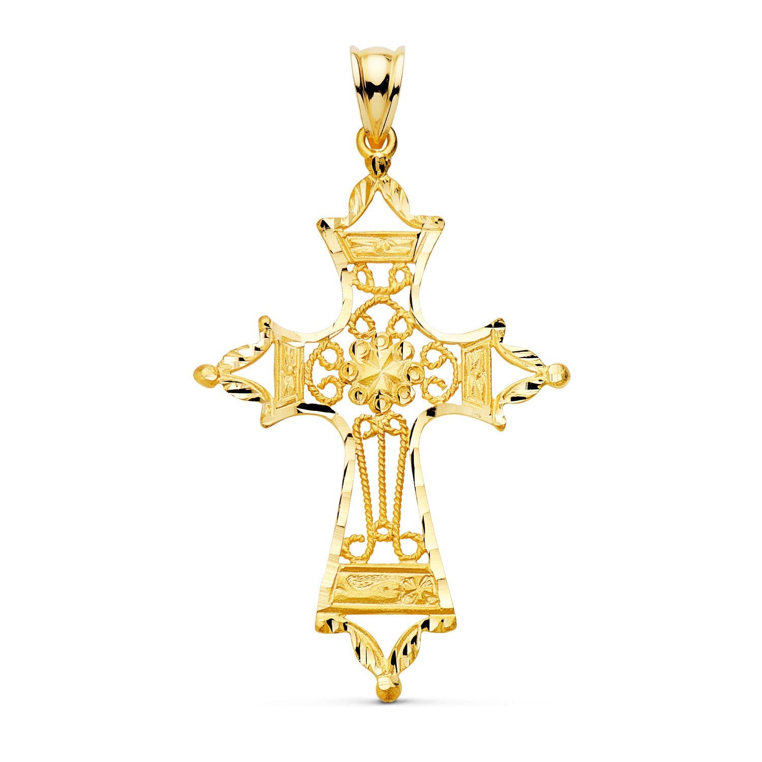 18K Yellow Gold Cross Filigree Carved Edges. 46x30 mm