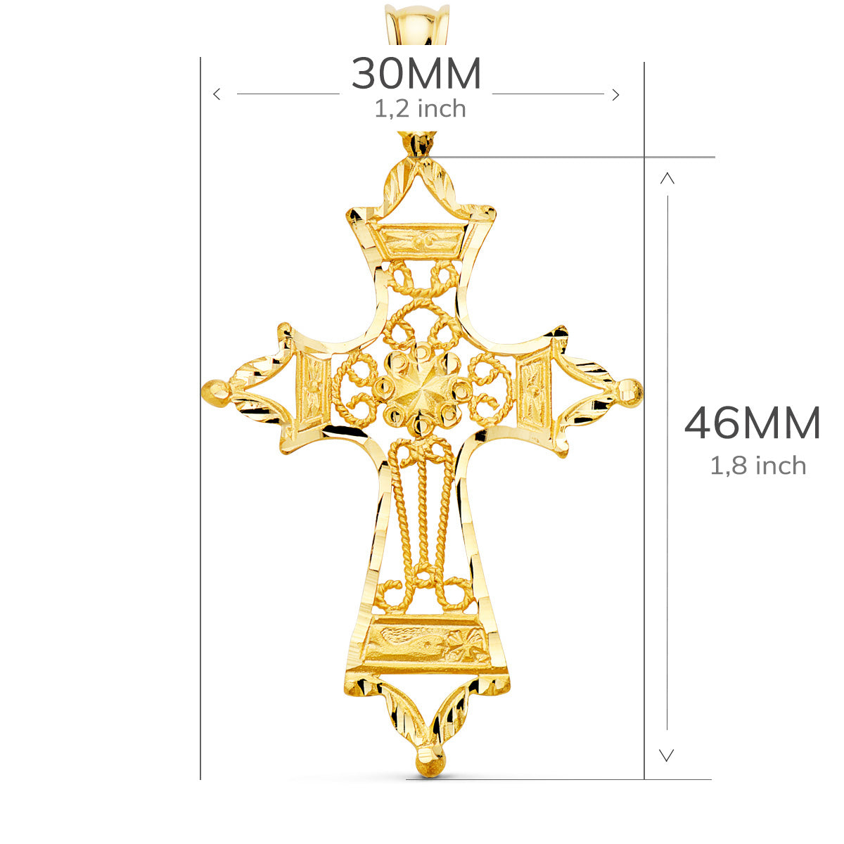 18K Yellow Gold Cross Filigree Carved Edges. 46x30 mm