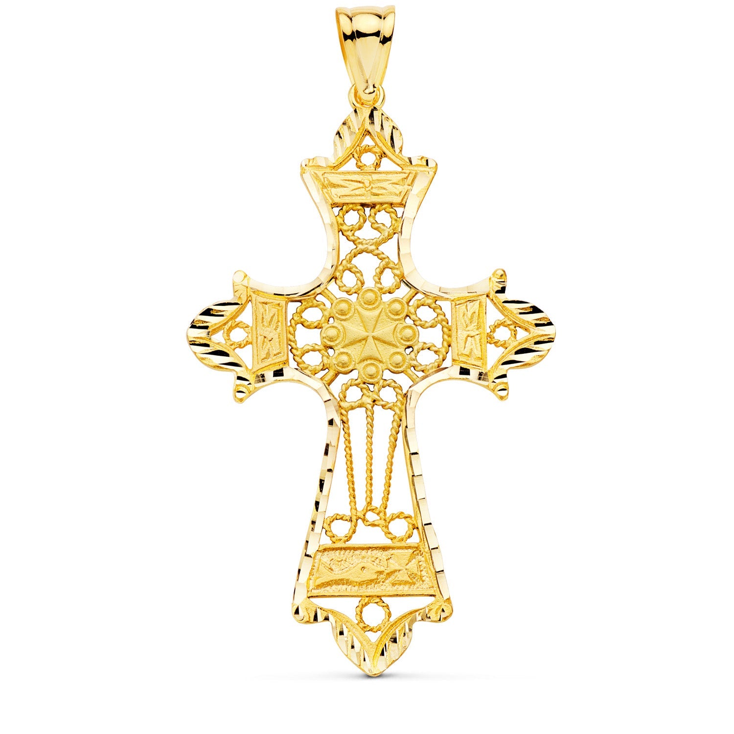 18K Yellow Gold Cross Filigree Carved Edges. 60x37 mm