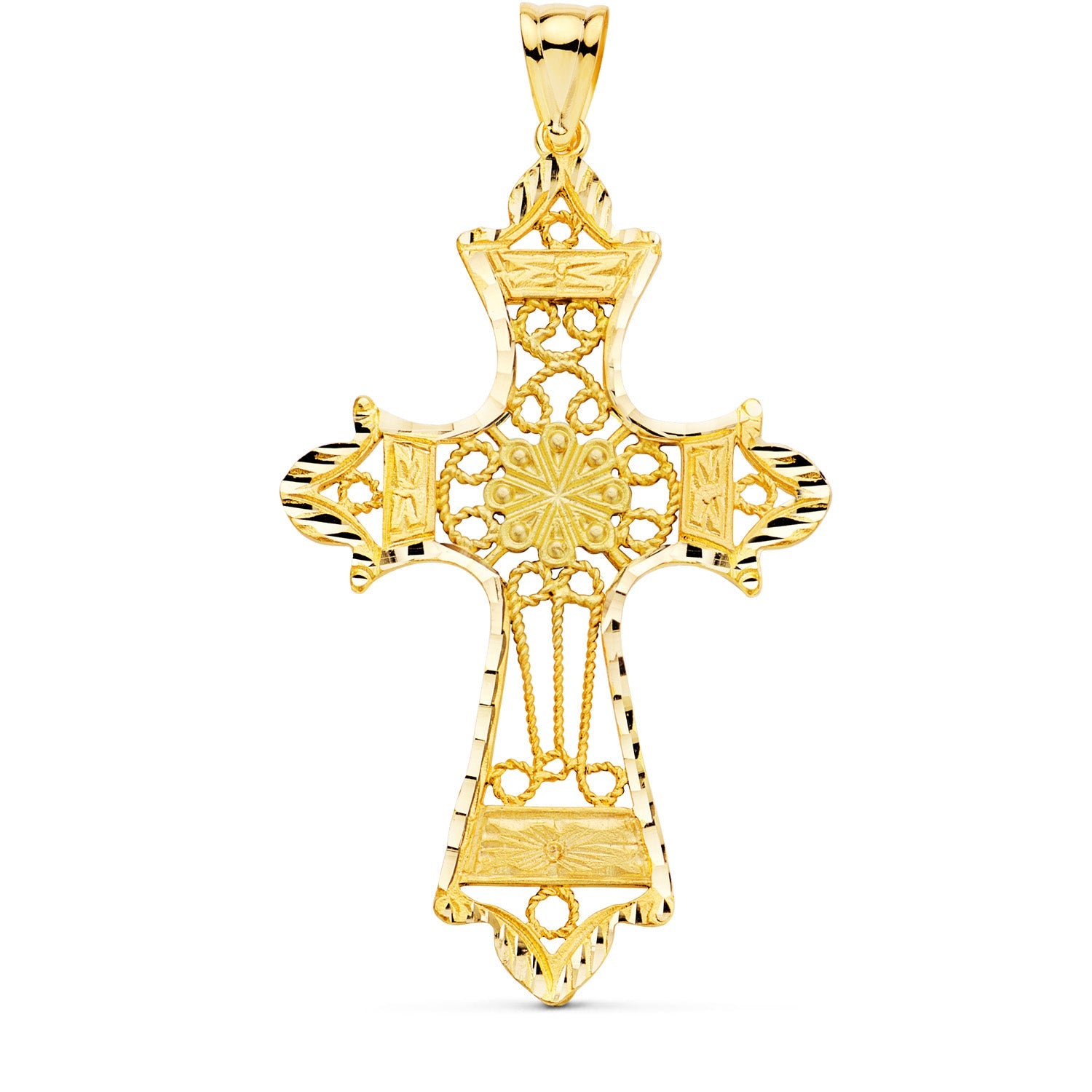 18K Yellow Gold Cross Filigree Carved Edges. 60x37 mm