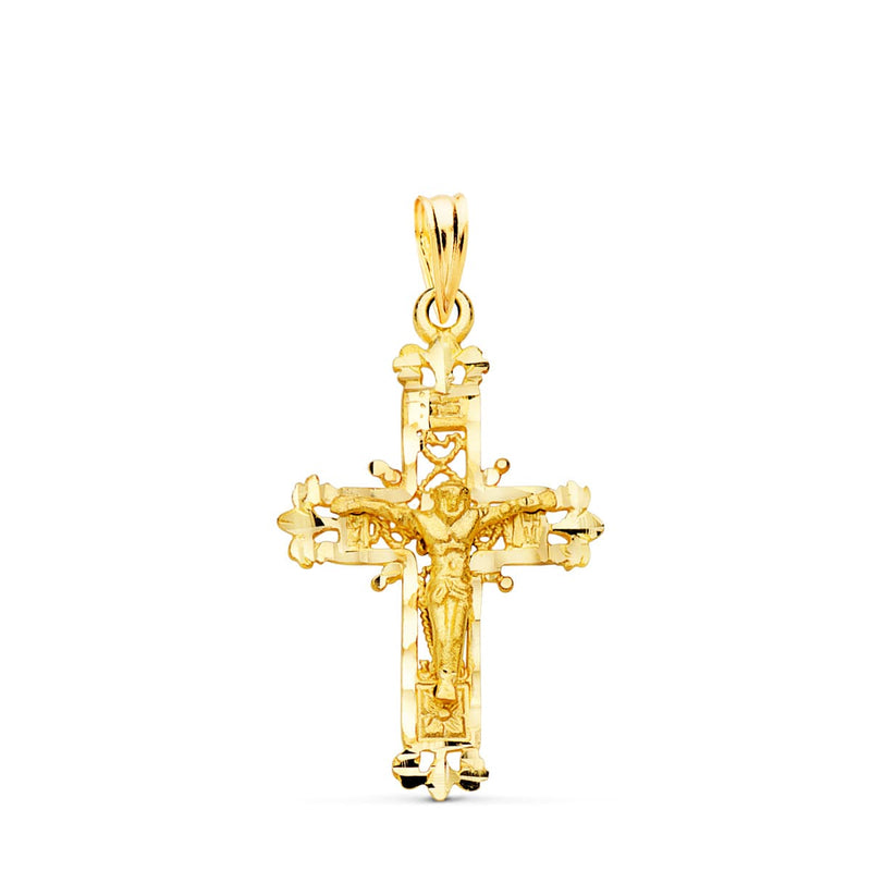 18K Yellow Gold Filigree Cross With Carved Christ 28x18 mm