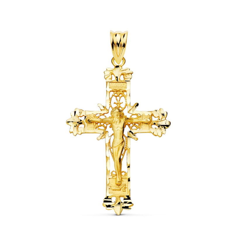 18K Cruz Oro Amarillo Filigrana Con Cristo Tallada 36x24 mm