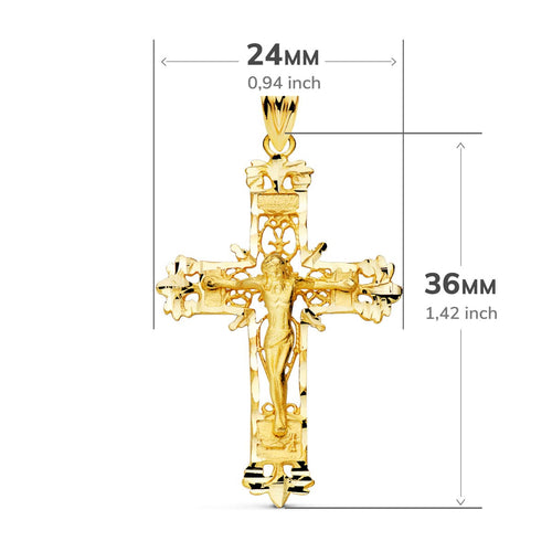 18K Cruz Oro Amarillo Filigrana Con Cristo Tallada 36x24 mm