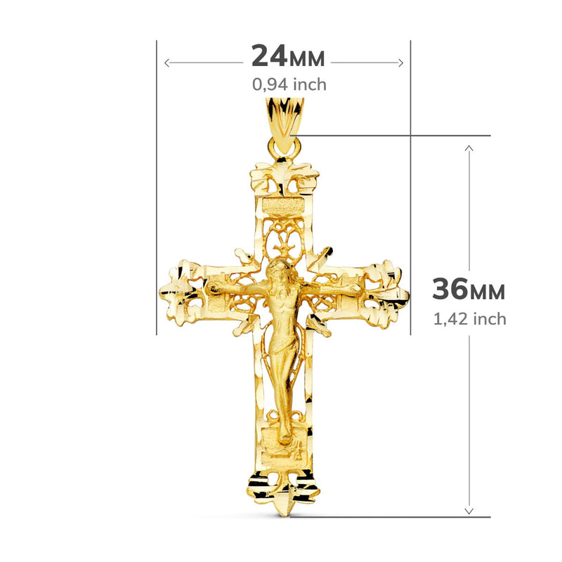 18K Yellow Gold Filigree Cross With Carved Christ 36x24 mm