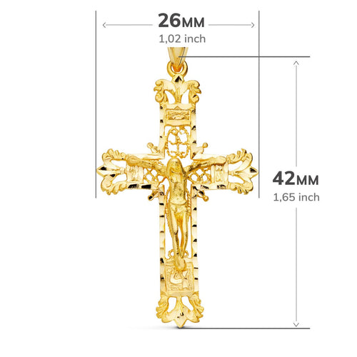 18K Yellow Gold Filigree Cross With Carved Christ 42x27 mm