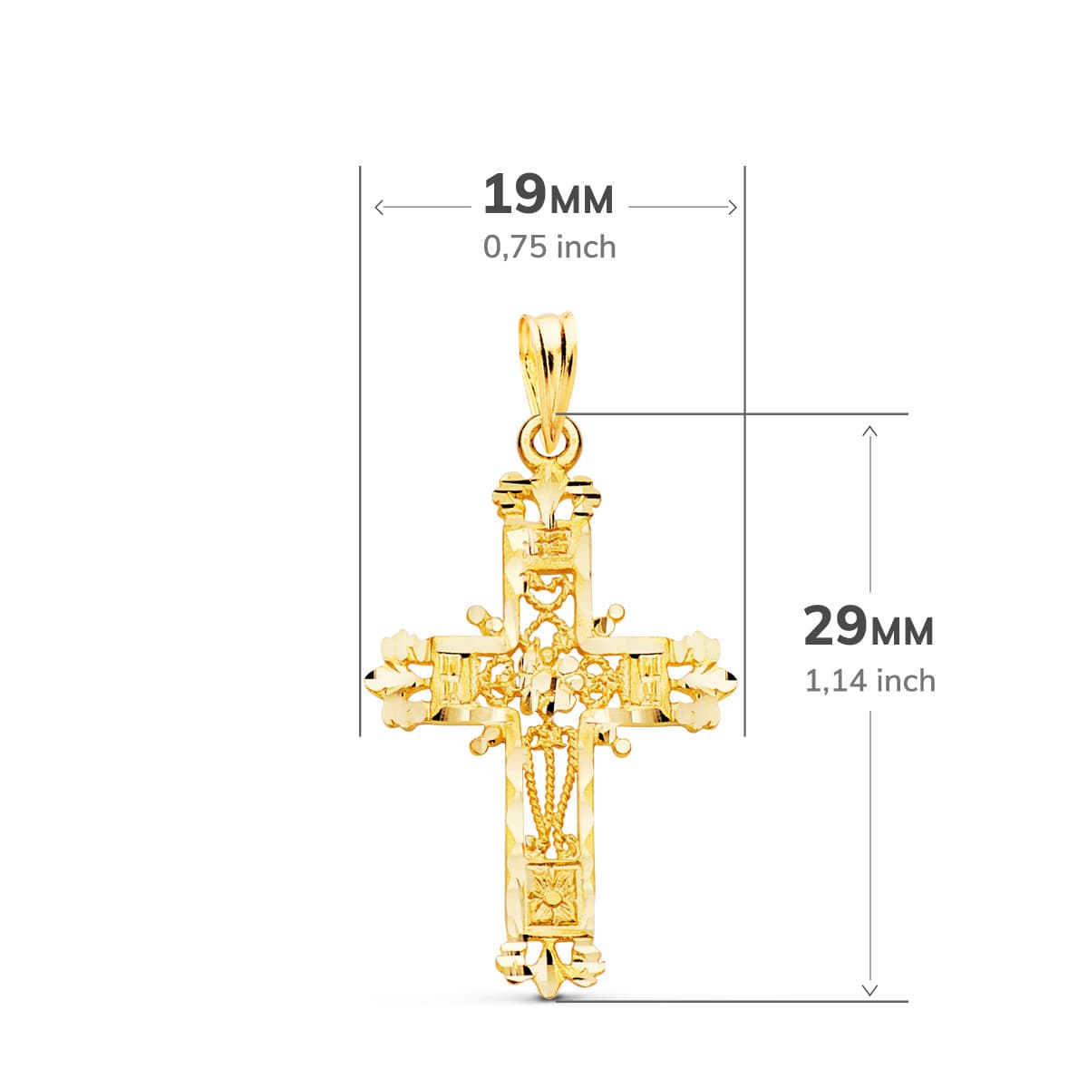 18K Yellow Gold Cross Filigree Carved Edges. 29x19 mm