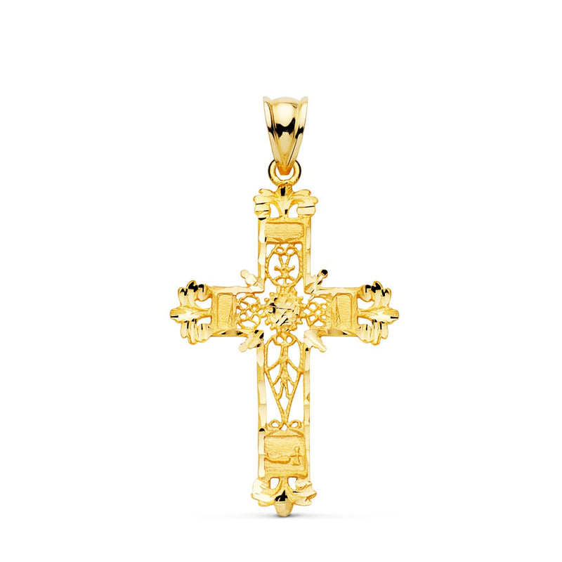 18K Yellow Gold Cross Filigree Carved Edges. 37x25 mm