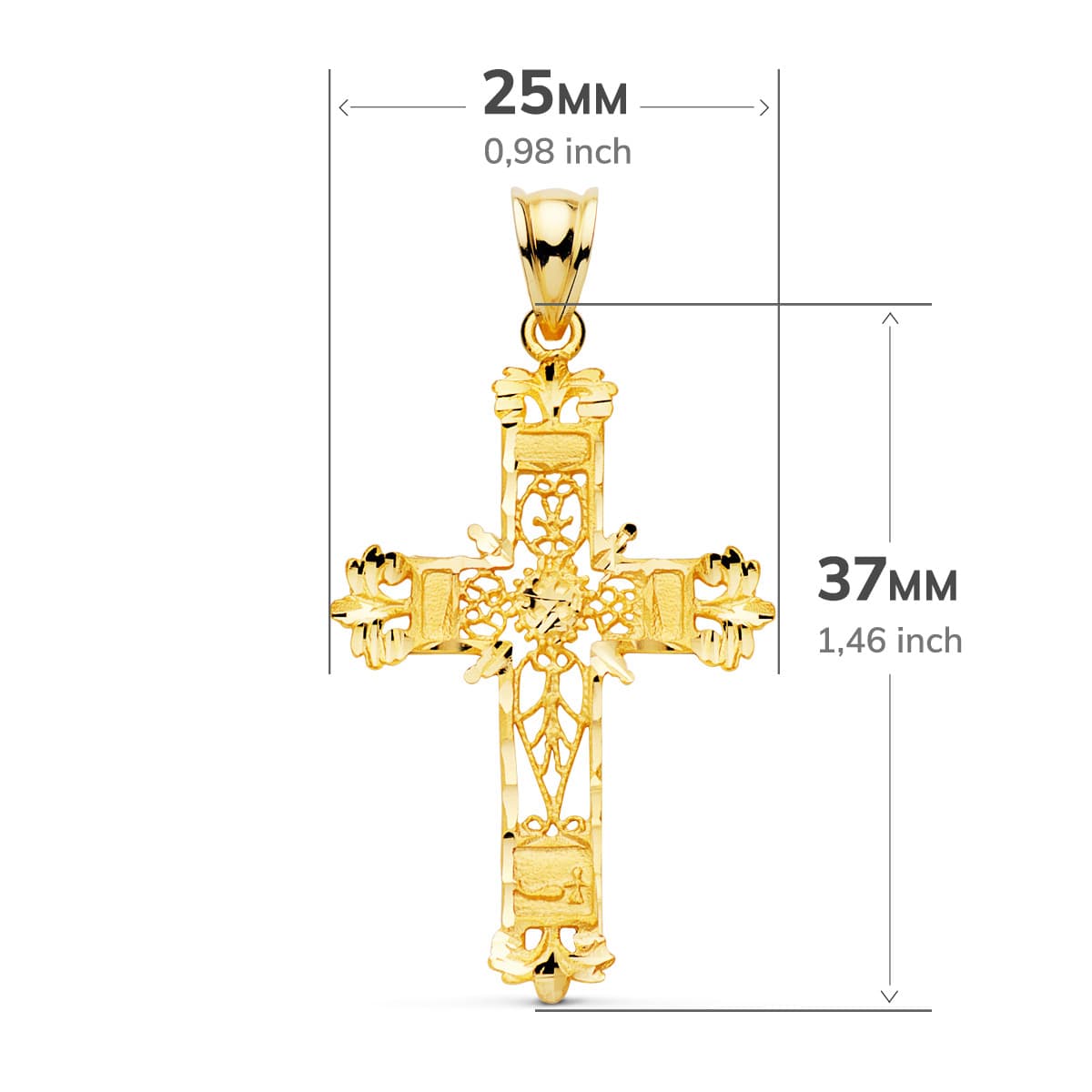 18K Yellow Gold Cross Filigree Carved Edges. 37x25 mm