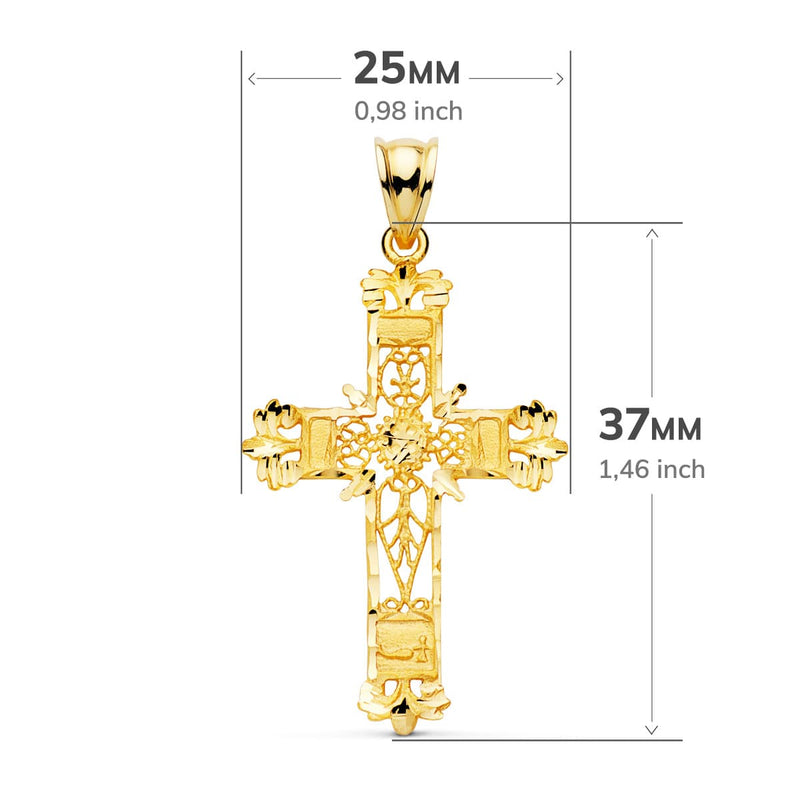 18K Yellow Gold Cross Filigree Carved Edges. 37x25 mm