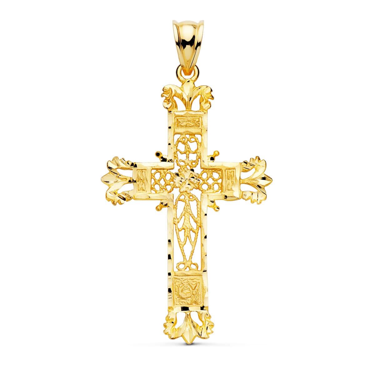 18K Yellow Gold Cross Filigree Carved Edges. 44x28 mm