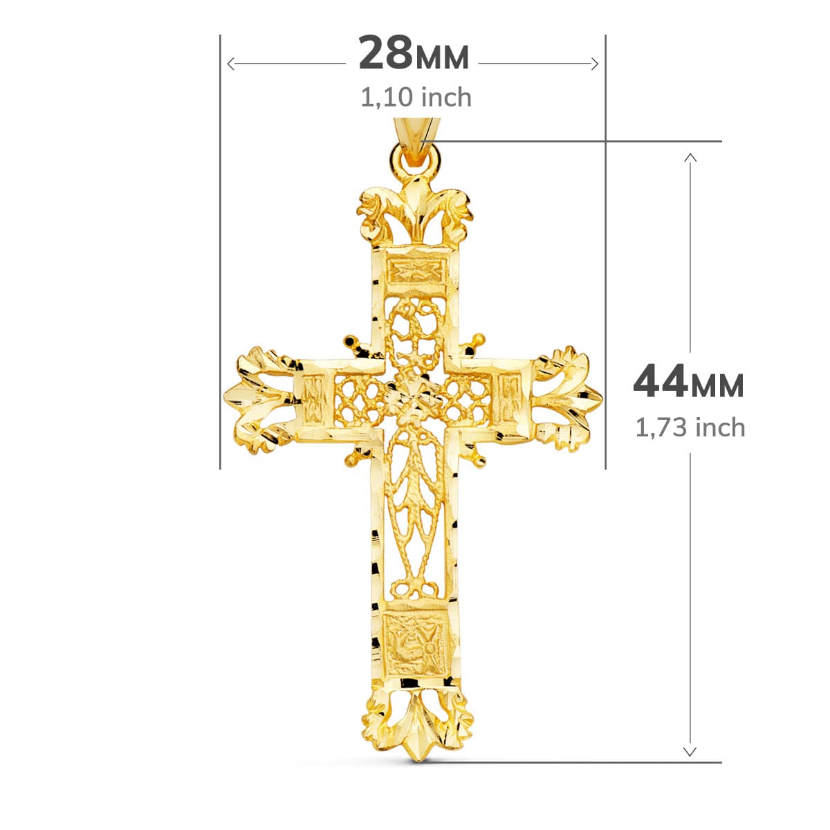 18K Yellow Gold Cross Filigree Carved Edges. 44x28 mm