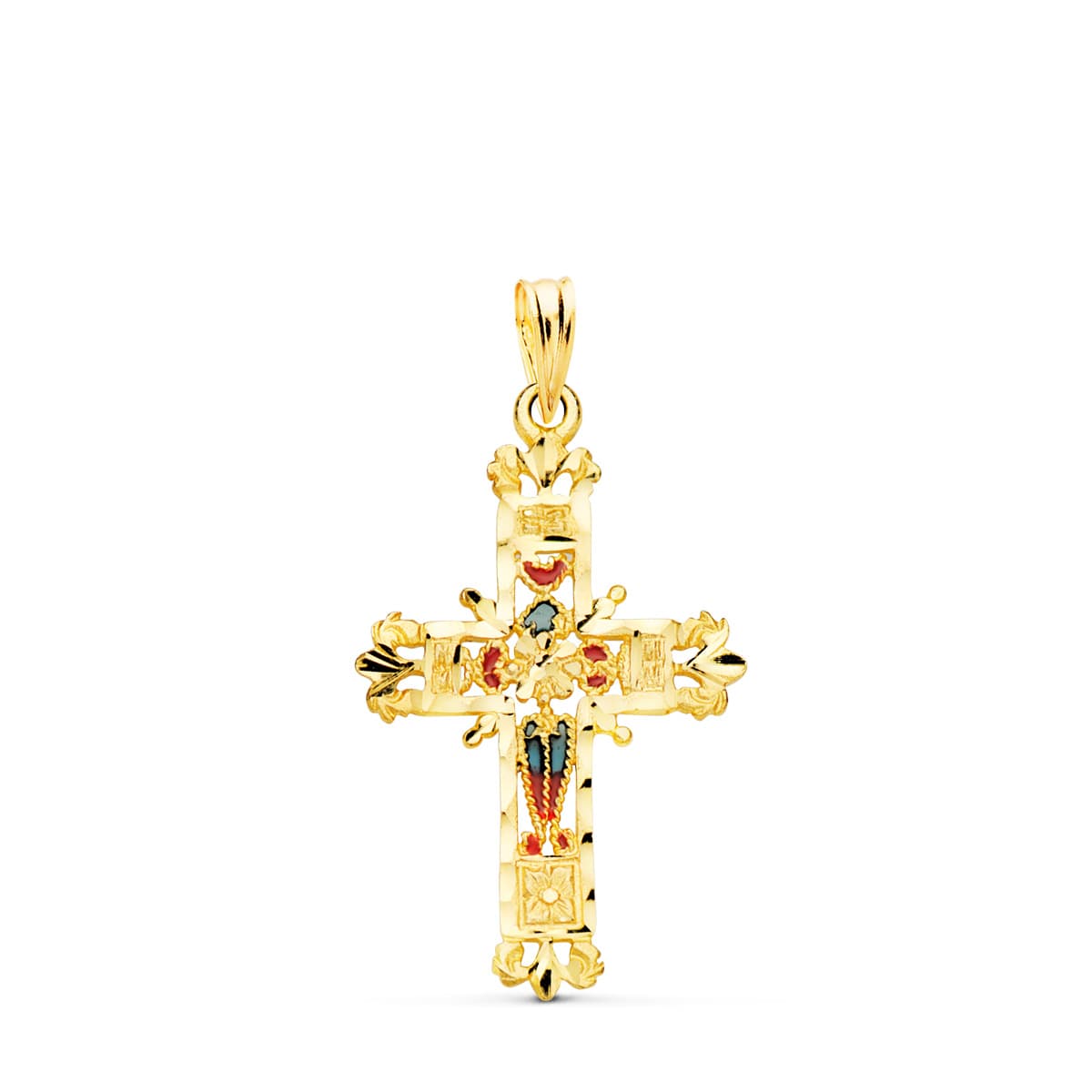 18K Yellow Gold Cross Cathedral Stained Glass Carved Edges. 30x20 mm