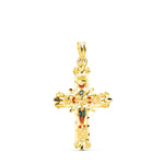 Cathédrale en vitrail en forme de croix en or jaune 18 carats, bords sculptés. 30x20mm