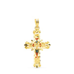 18K Yellow Gold Cross Stained Glass Cathedral Carved Edges. 30x20 mm