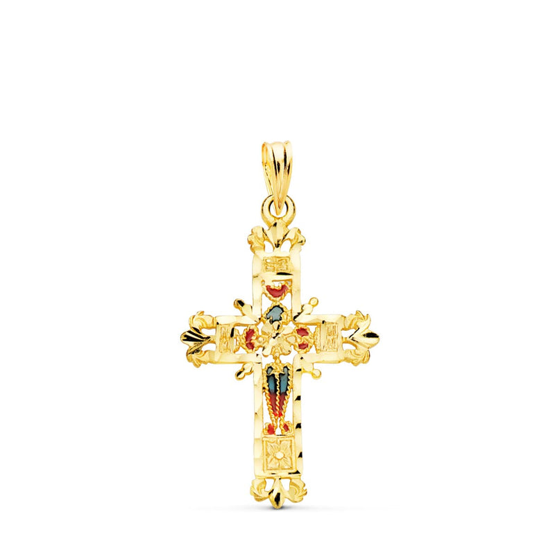 18K Yellow Gold Cross Stained Glass Cathedral Carved Edges. 30x20 mm