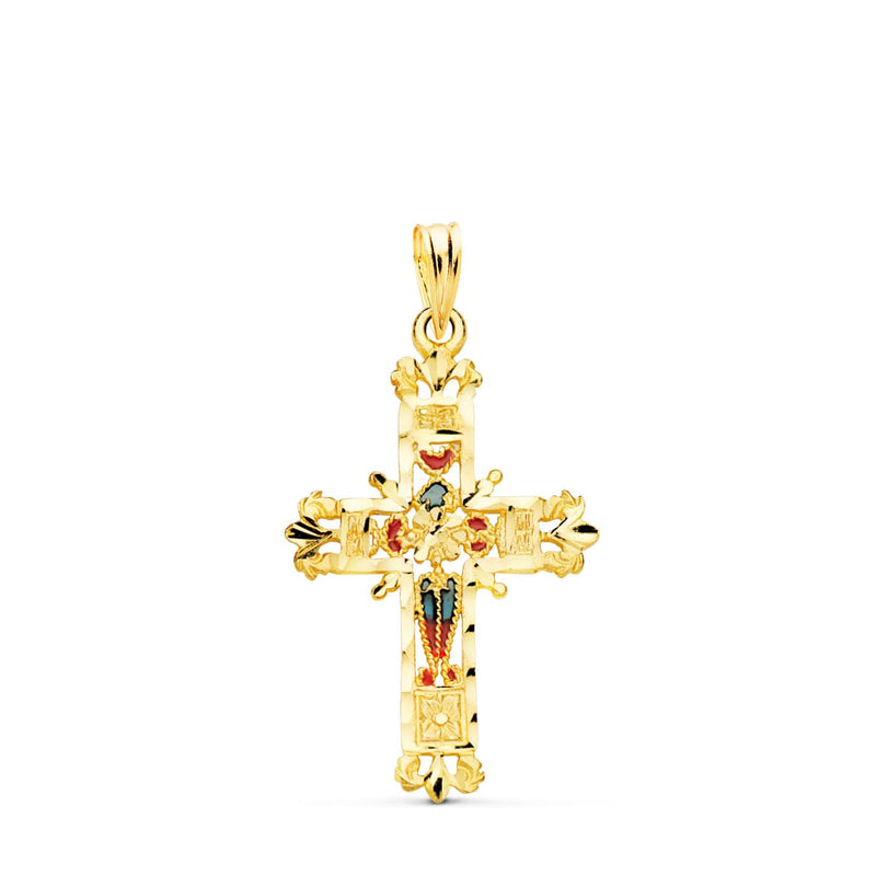 18K Yellow Gold Cross Stained Glass Cathedral Carved Edges. 30x20mm