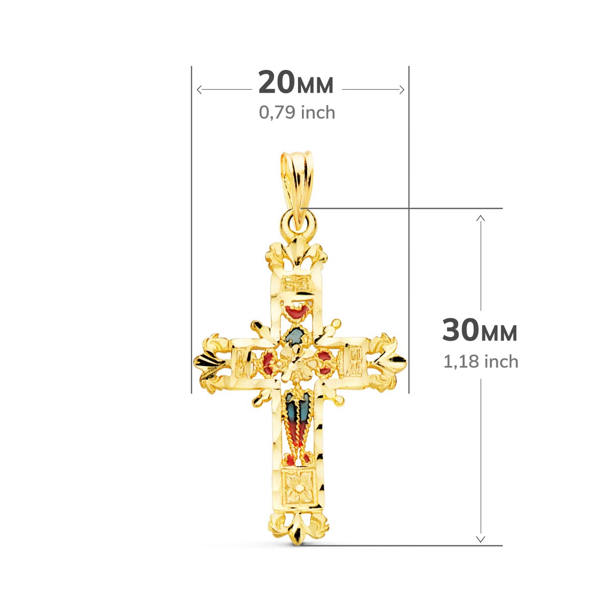 18K Yellow Gold Cross Cathedral Stained Glass Carved Edges. 30x20 mm