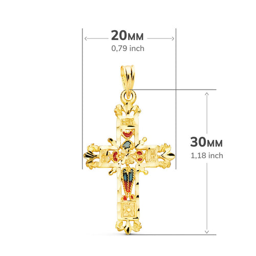 18K Yellow Gold Cross Stained Glass Cathedral Carved Edges. 30x20mm