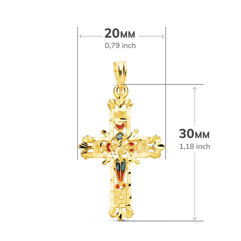 18K Yellow Gold Cross Stained Glass Cathedral Carved Edges. 30x20mm