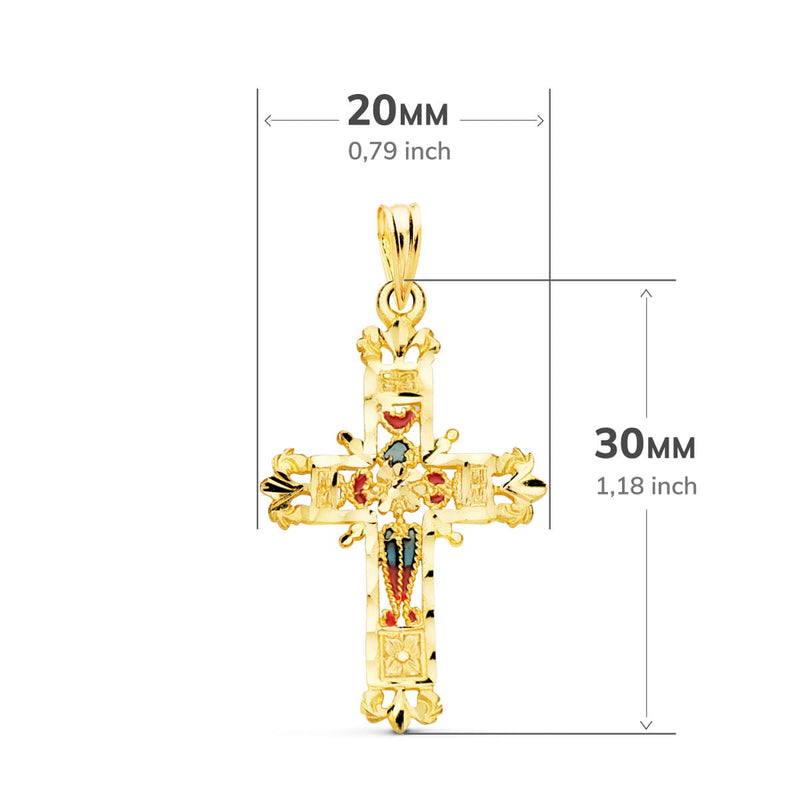 18K Yellow Gold Cross Stained Glass Cathedral Carved Edges. 30x20 mm