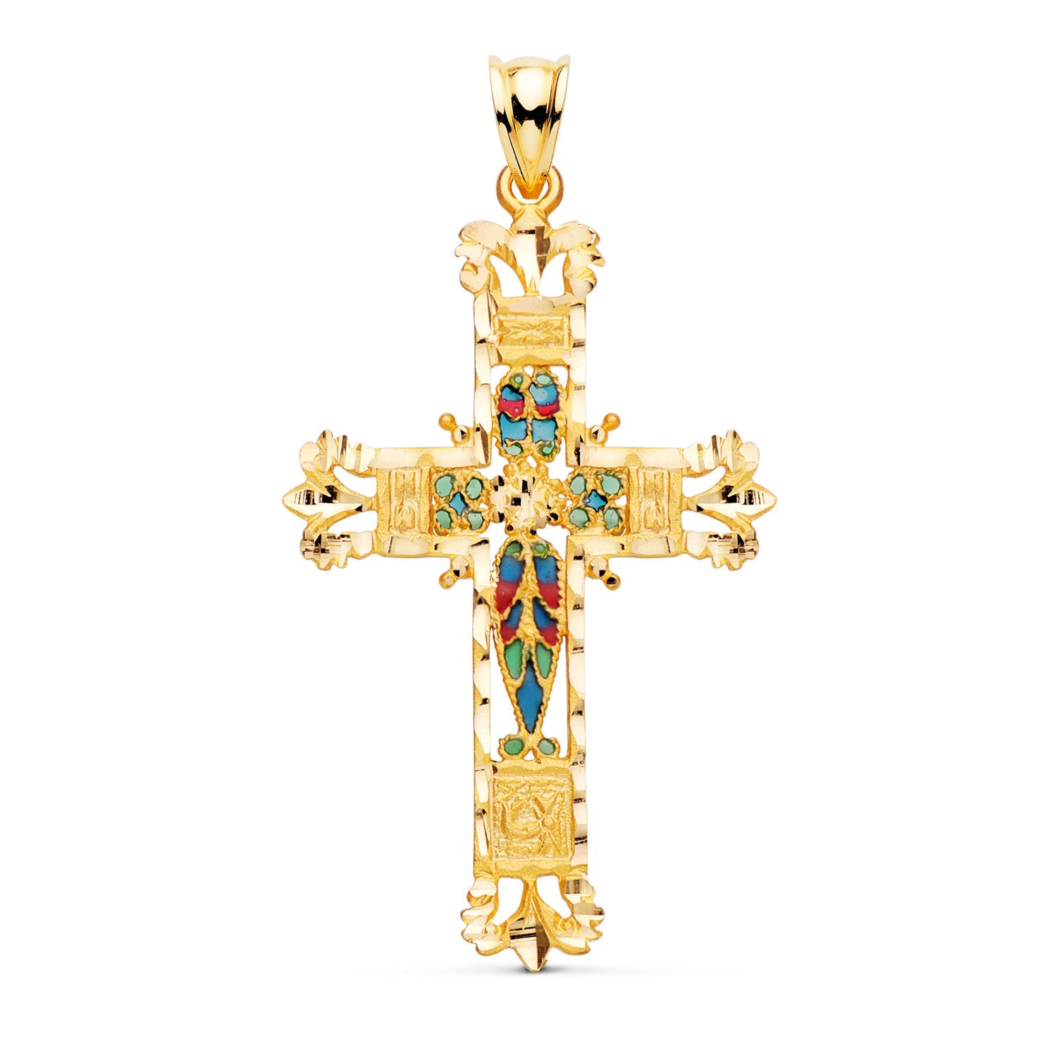 18K Yellow Gold Cross Cathedral Stained Glass Carved Edges. 40x25 mm
