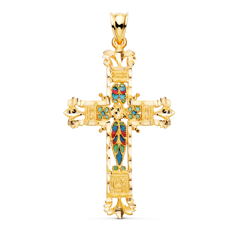 18K Yellow Gold Cross Stained Glass Cathedral Carved Edges. 40x25mm
