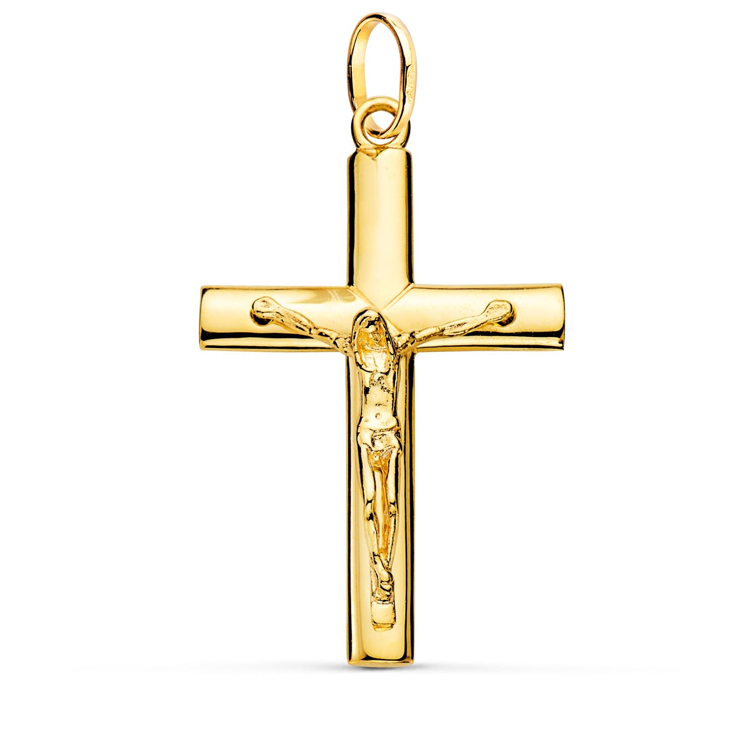 18K Yellow Gold Cross Solid Christ Half Round Stick Shine 38 x 24 mm