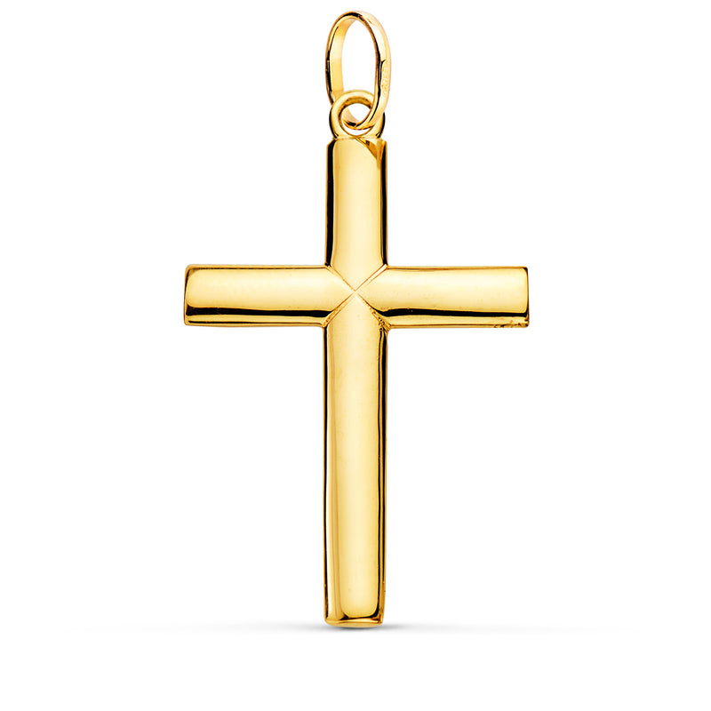 Croix en or jaune 18 carats, demi-bâton lisse et solide, ronde et brillante, 38 x 24 mm