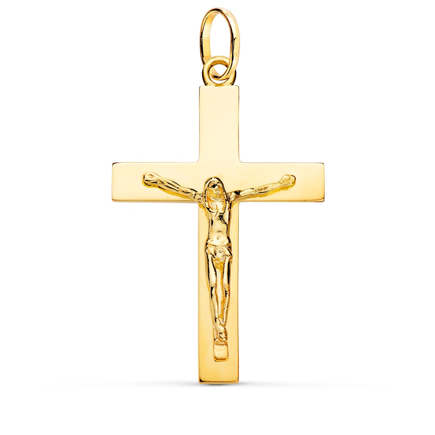 18K Yellow Gold Cross Solid Christ Rectangular Bar Shine 38 x 24 mm