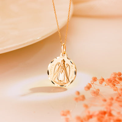 18K Yellow Gold Medal Virgin Del Prado Carved 18 mm