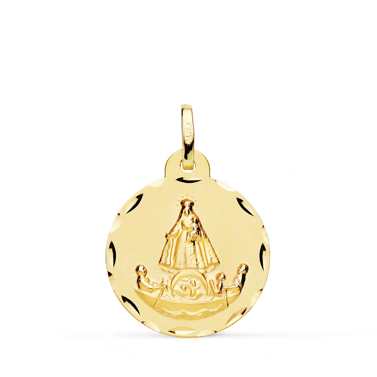 18K Medaille Gelbgold Jungfrau Caridad Del Cobre geschnitztes Floß 20 mm