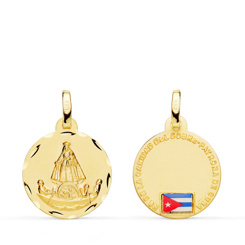 Médaille de Charité Vierge en Or Jaune 18 Carats Radeau en Cuivre Avec Drapeau 16 mm