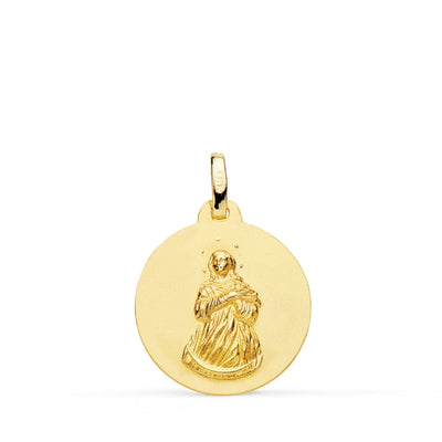 18K Yellow Gold Medal Virgin Mary Matted Smooth 18 mm