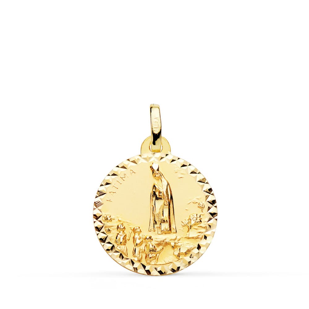 18K Virgin of Fatima Medal Cross Carved 18 mm