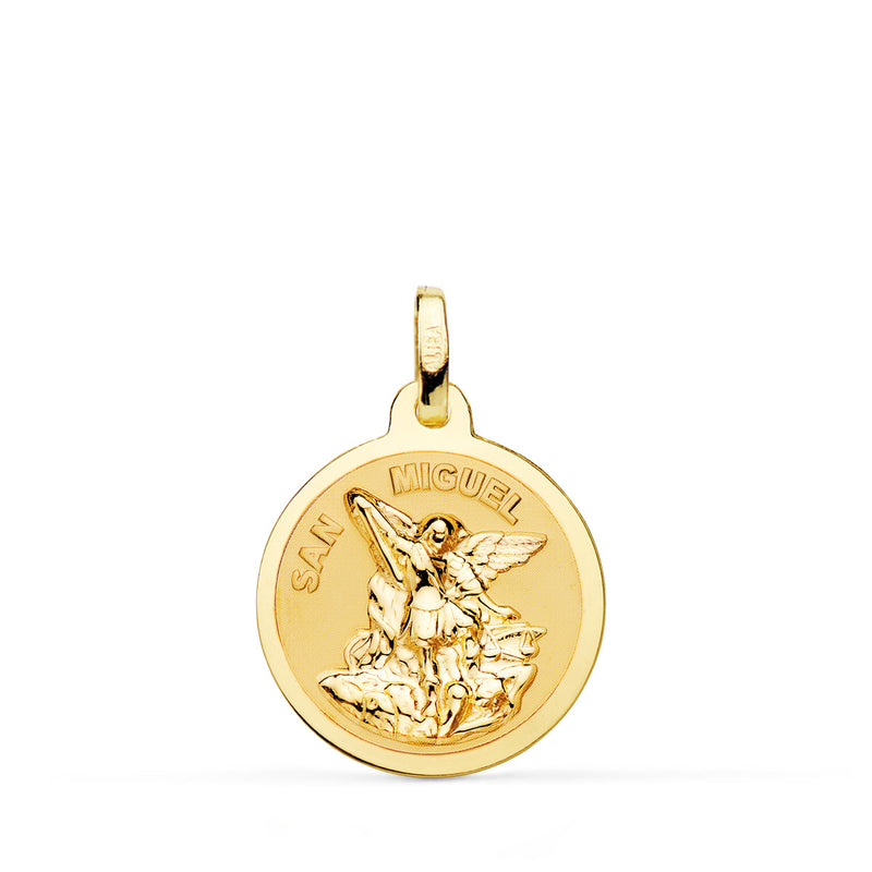 18K Yellow Gold Saint Michael Medal Shiny and Matte 18 mm