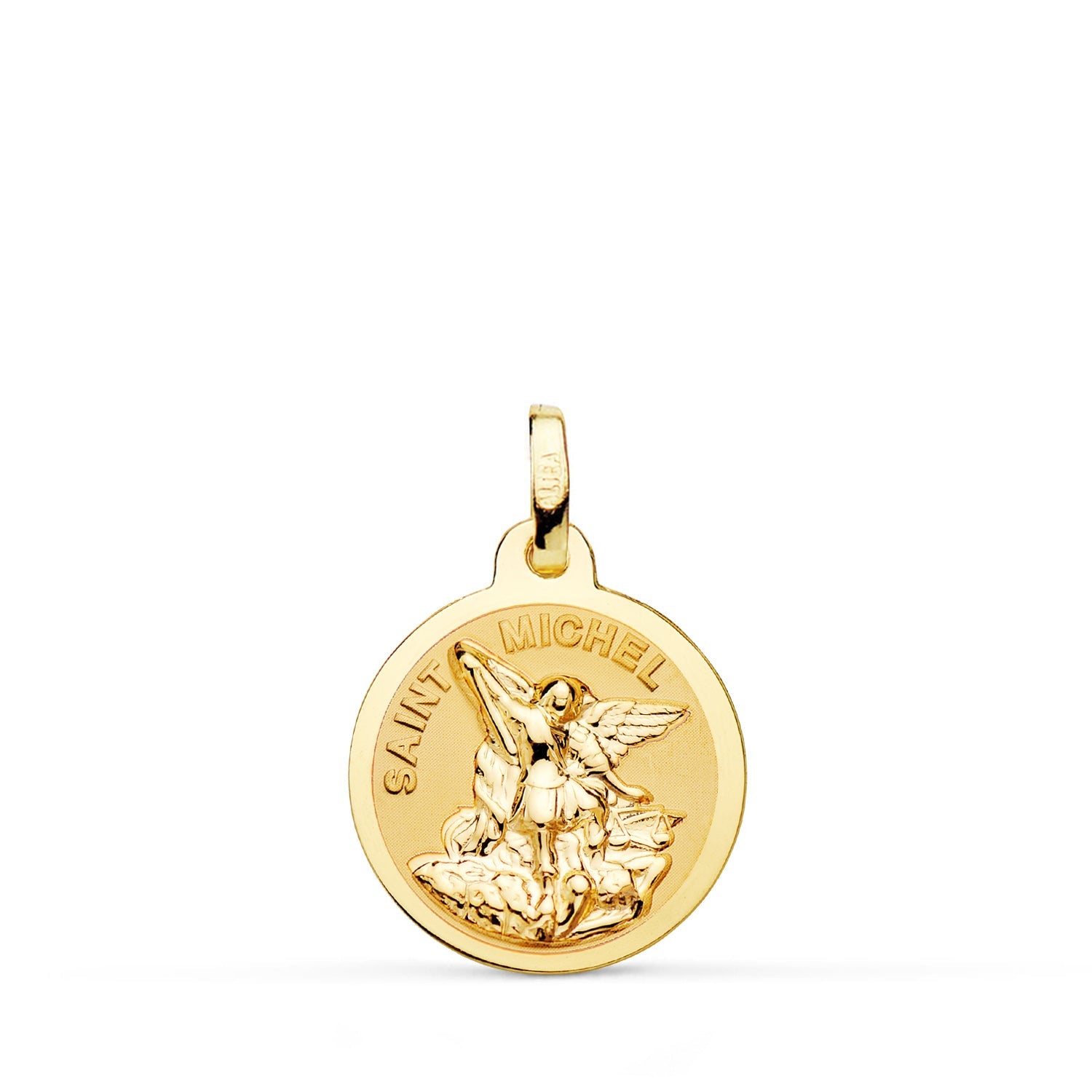 18K Yellow Gold Saint Michel Medal Shiny and Matte 16 mm