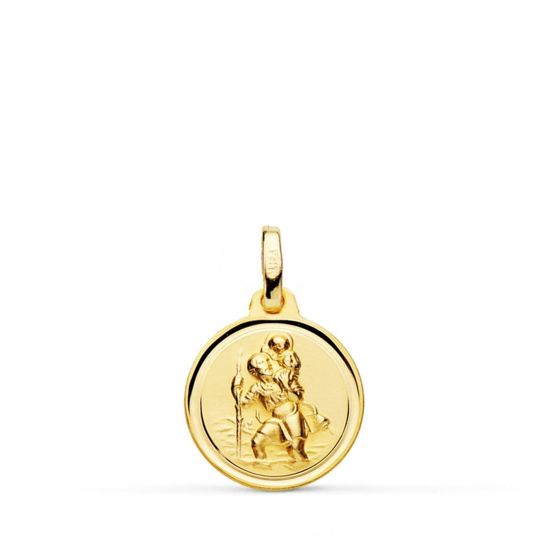 9Kk Medalla Oro Amarillo San Cristobal Matizado Bisel 14 Mm