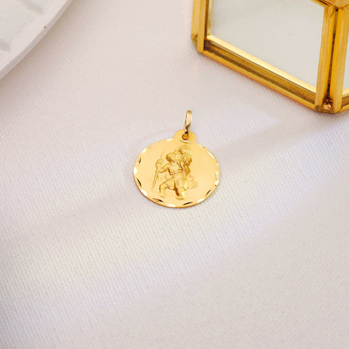 18K Yellow Gold Saint Christopher Medal Carved 20 mm