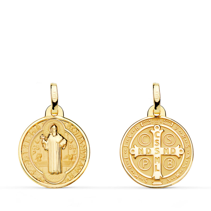 18K Saint Benedict Monk Scapular Medal Shine and Matte Background 16 mm
