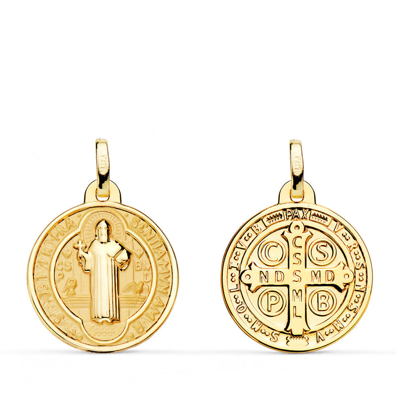 18K Saint Benedict Monk Scapular Medal Shine and Matte Background 18 mm