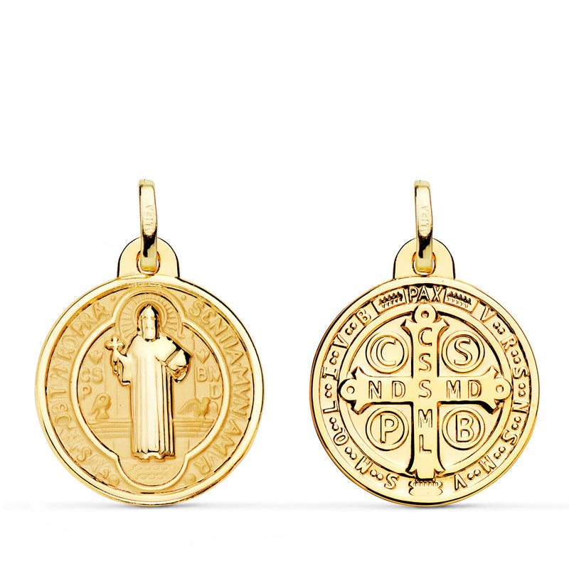 18K Saint Benedict Monk Scapular Medal Shine and Matte Background 24 mm