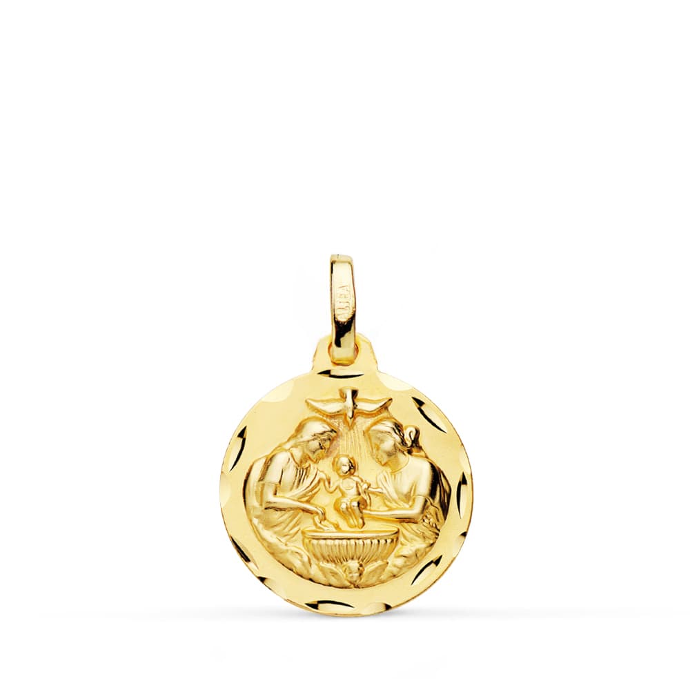 18K Medalla Oro Amarillo Nuevo Bautismo Tallada 16 mm