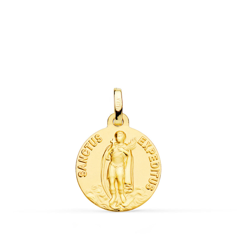 18K Medalla Oro Amarillo -Sanctus Expeditus- Lisa Matizada 16 mm