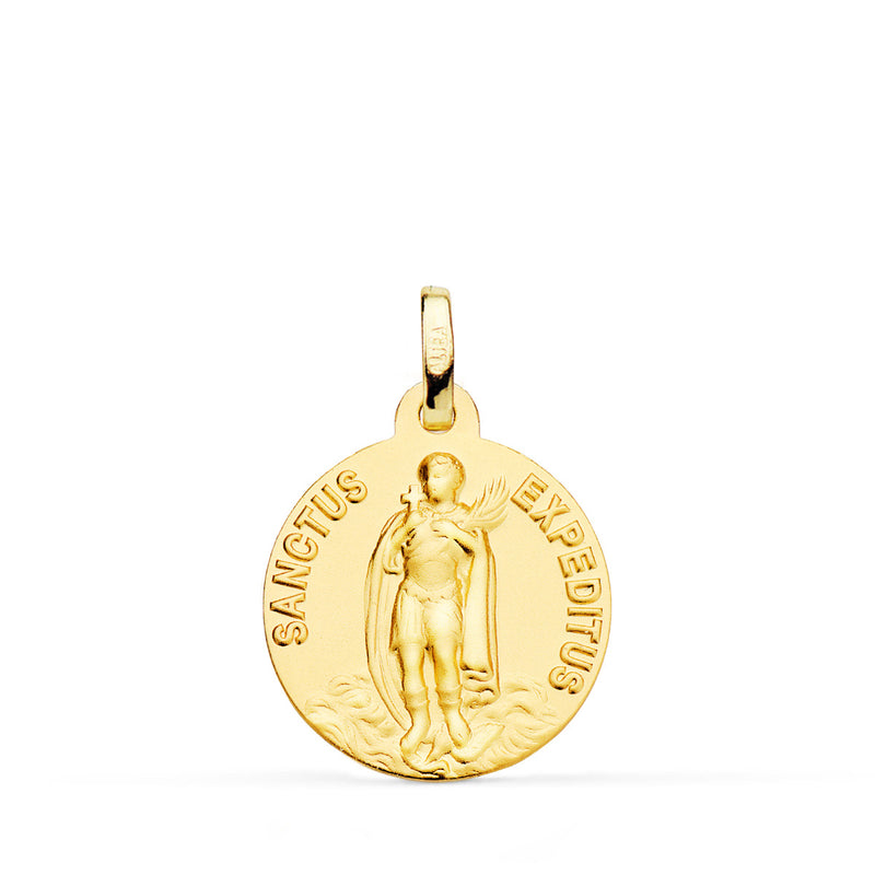 18K Medalla Oro Amarillo -Sanctus Expeditus- Lisa Matizada 18 mm